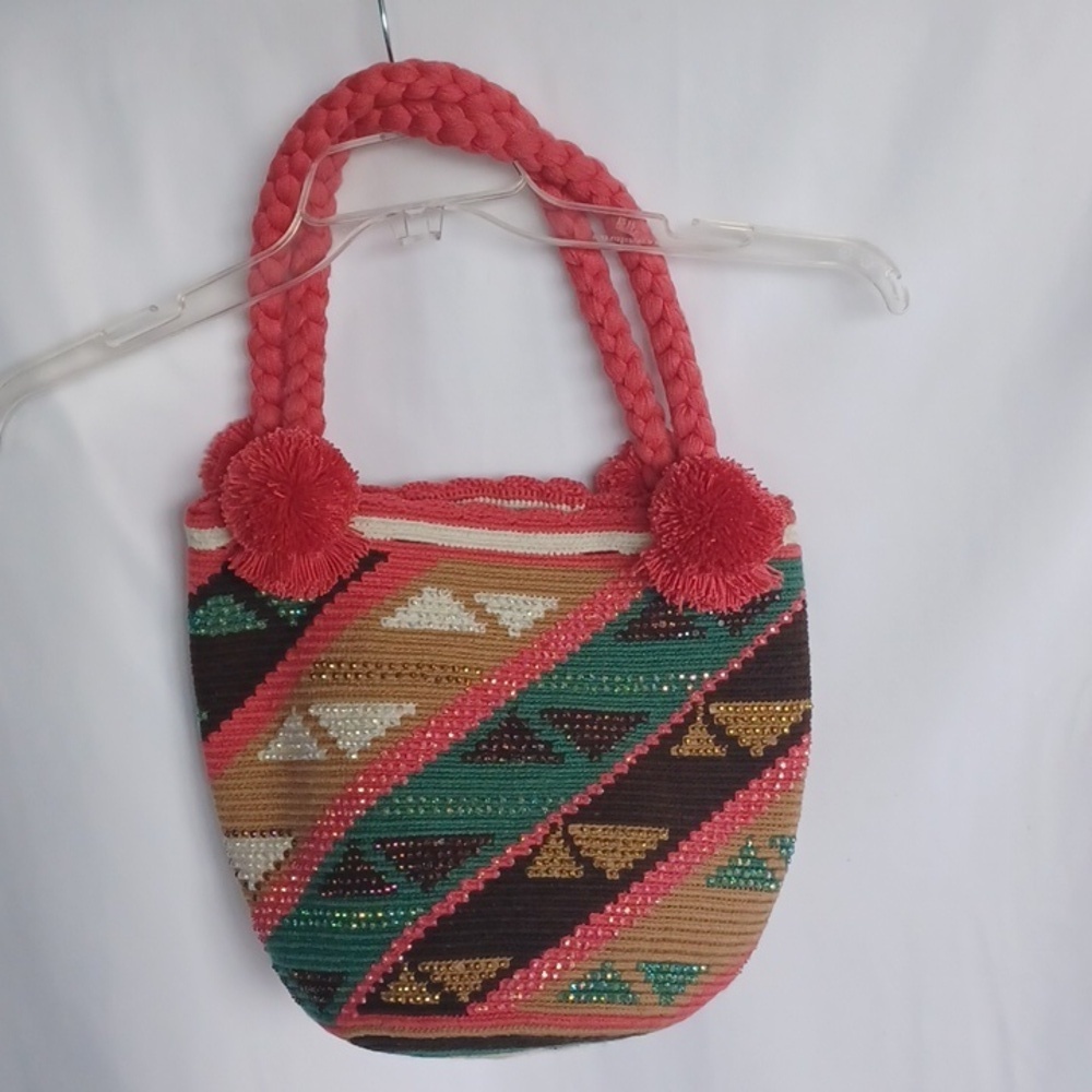 Wayuu Tribe Style Handmade Pink and Green Chevron Shoulder Bag, 13x11x8